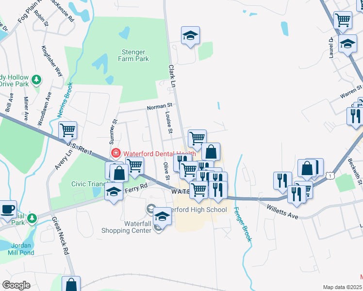 map of restaurants, bars, coffee shops, grocery stores, and more near 11 Monroe Street in Waterford