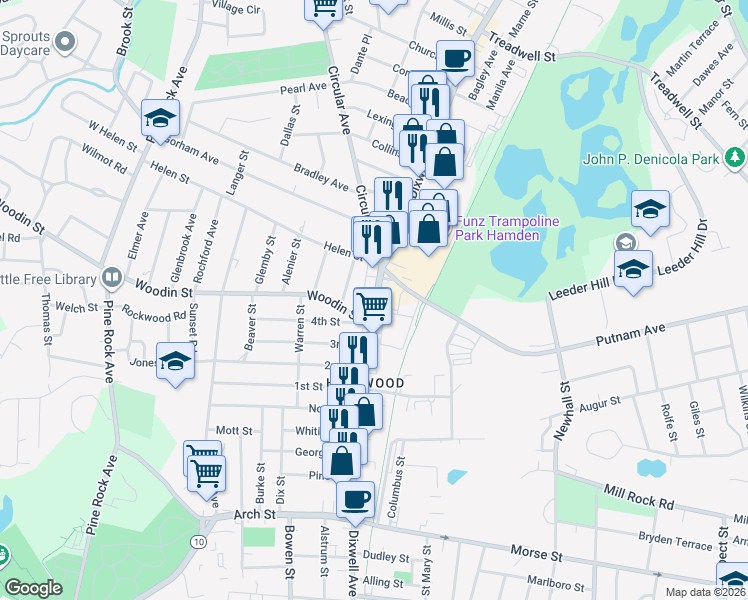 map of restaurants, bars, coffee shops, grocery stores, and more near 1202 Dixwell Avenue in Hamden