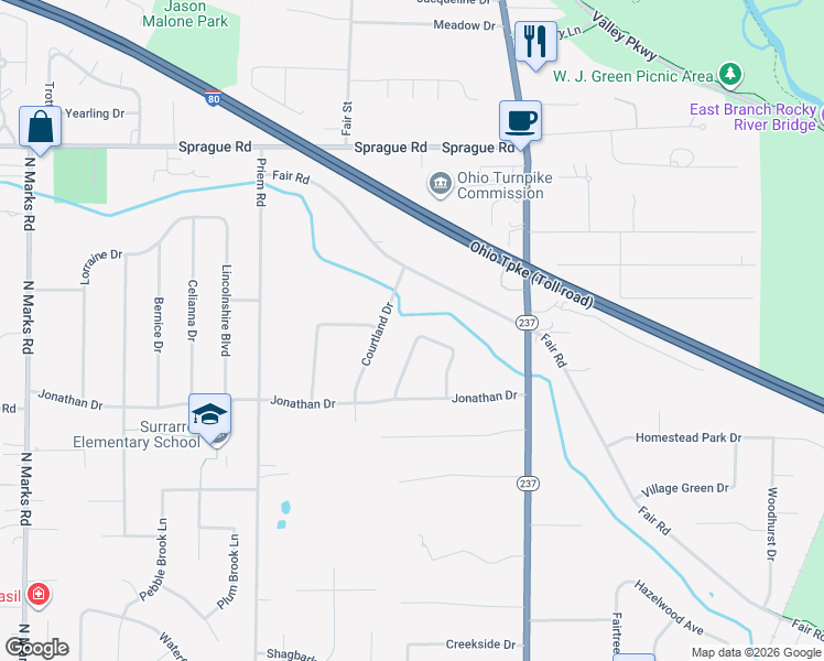 map of restaurants, bars, coffee shops, grocery stores, and more near 8619 Courtland Drive in Strongsville