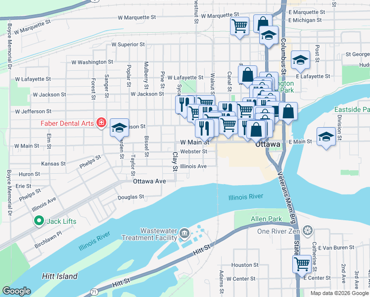 map of restaurants, bars, coffee shops, grocery stores, and more near 632 West Main Street in Ottawa