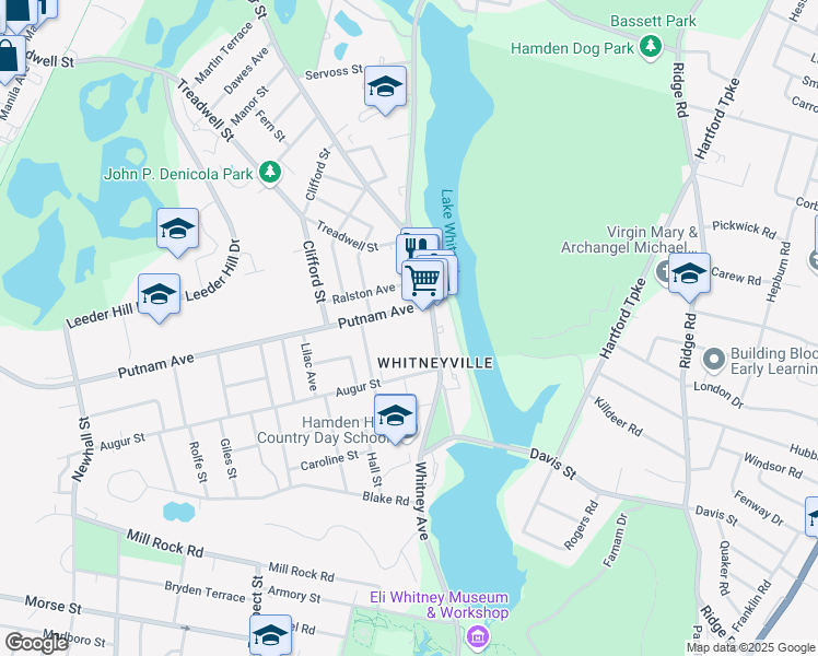 map of restaurants, bars, coffee shops, grocery stores, and more near 1212 Whitney Avenue in Hamden