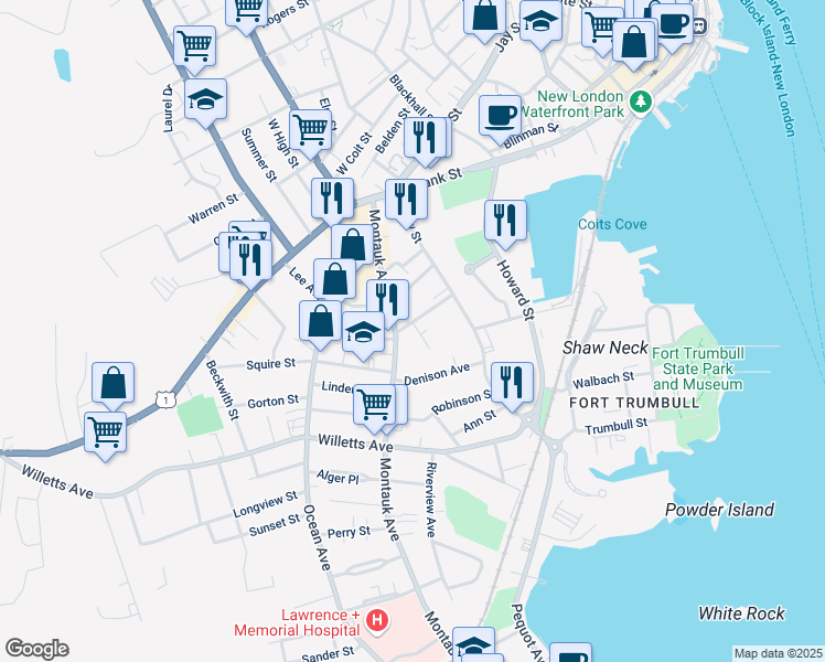 map of restaurants, bars, coffee shops, grocery stores, and more near 96 Montauk Avenue in New London