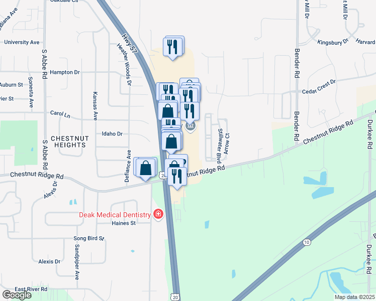 map of restaurants, bars, coffee shops, grocery stores, and more near 303 Chestnut Commons Drive in Elyria