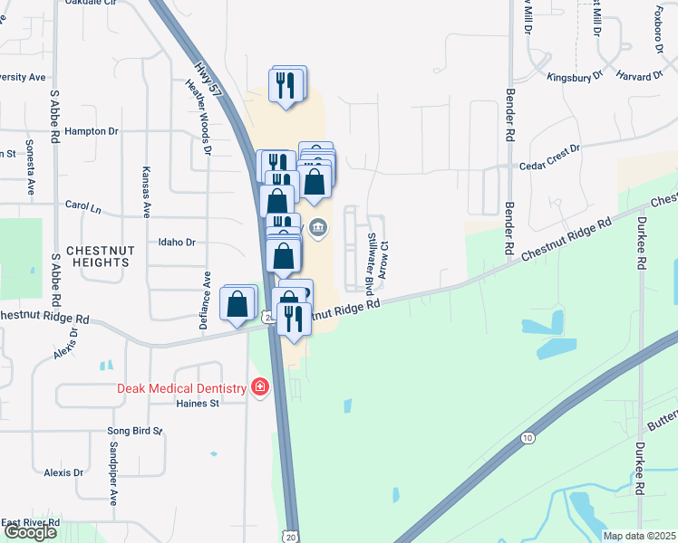 map of restaurants, bars, coffee shops, grocery stores, and more near 300 Hunters Crossing Drive in Elyria