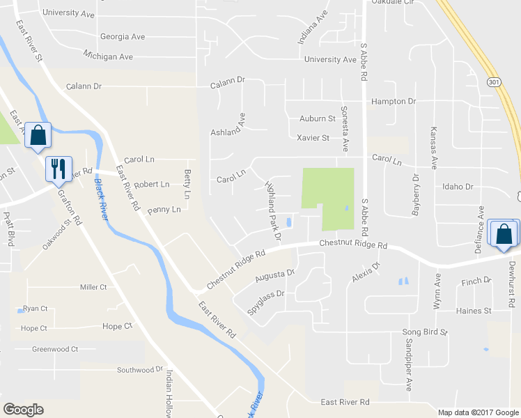 map of restaurants, bars, coffee shops, grocery stores, and more near 101 Lindsay Court in Elyria