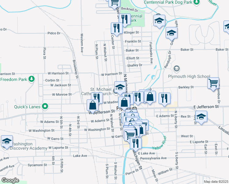 map of restaurants, bars, coffee shops, grocery stores, and more near 204 West Monroe Street in Plymouth