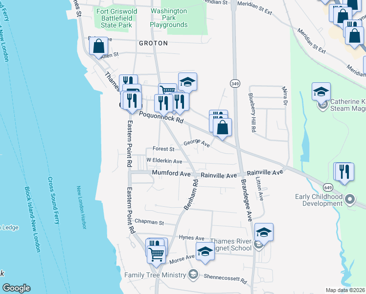map of restaurants, bars, coffee shops, grocery stores, and more near 33 High Street in Groton