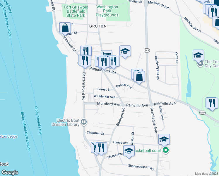 map of restaurants, bars, coffee shops, grocery stores, and more near 47 Benham Road in Groton