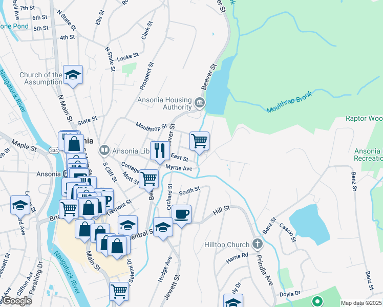 map of restaurants, bars, coffee shops, grocery stores, and more near 76 Brook Street in Ansonia