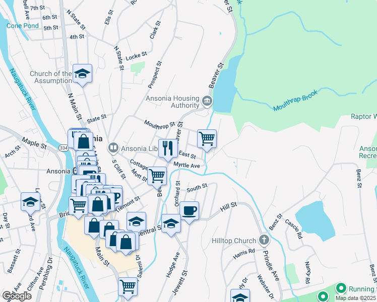 map of restaurants, bars, coffee shops, grocery stores, and more near 166 Beaver Street in Ansonia