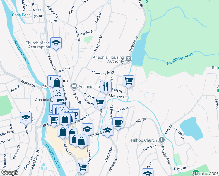 map of restaurants, bars, coffee shops, grocery stores, and more near 166 Beaver Street in Ansonia
