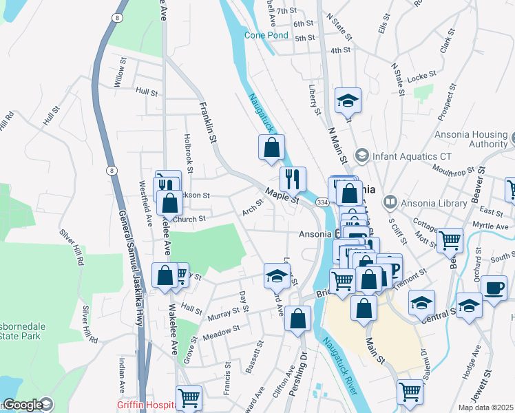 map of restaurants, bars, coffee shops, grocery stores, and more near 23 Franklin Street in Ansonia
