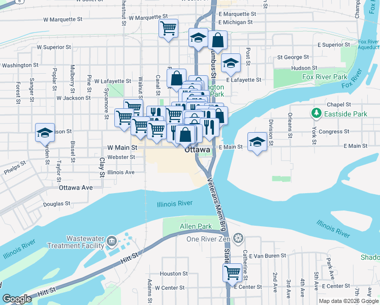 map of restaurants, bars, coffee shops, grocery stores, and more near 244-258 West Main Street in Ottawa