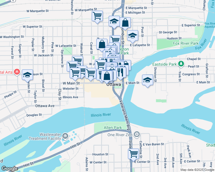 map of restaurants, bars, coffee shops, grocery stores, and more near 244-258 West Main Street in Ottawa