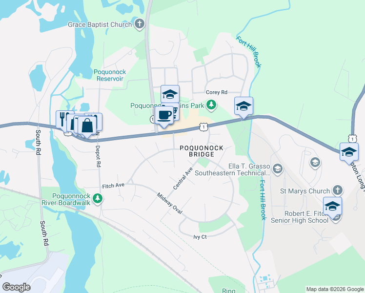 map of restaurants, bars, coffee shops, grocery stores, and more near 281 Midway Oval in Groton