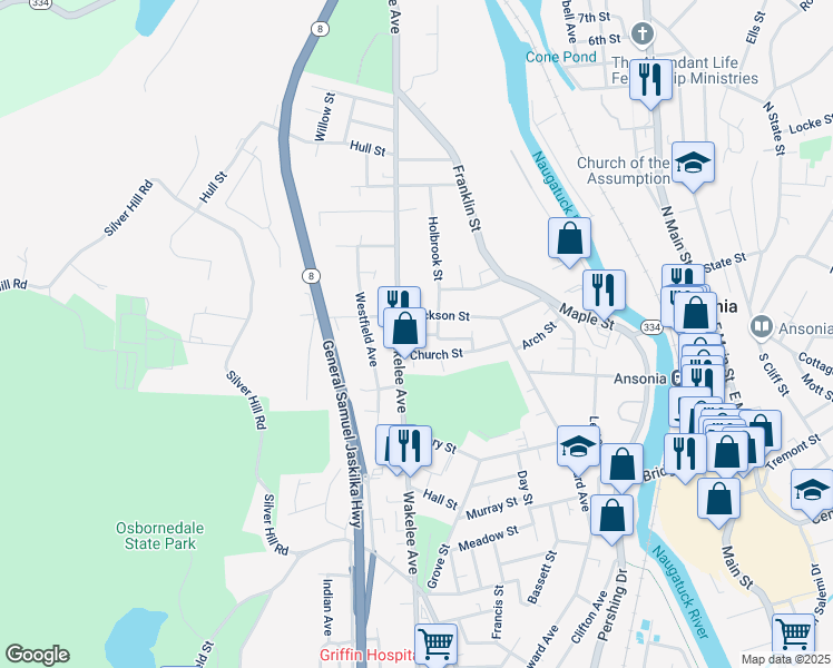 map of restaurants, bars, coffee shops, grocery stores, and more near 6 Pork Hollow Street in Ansonia