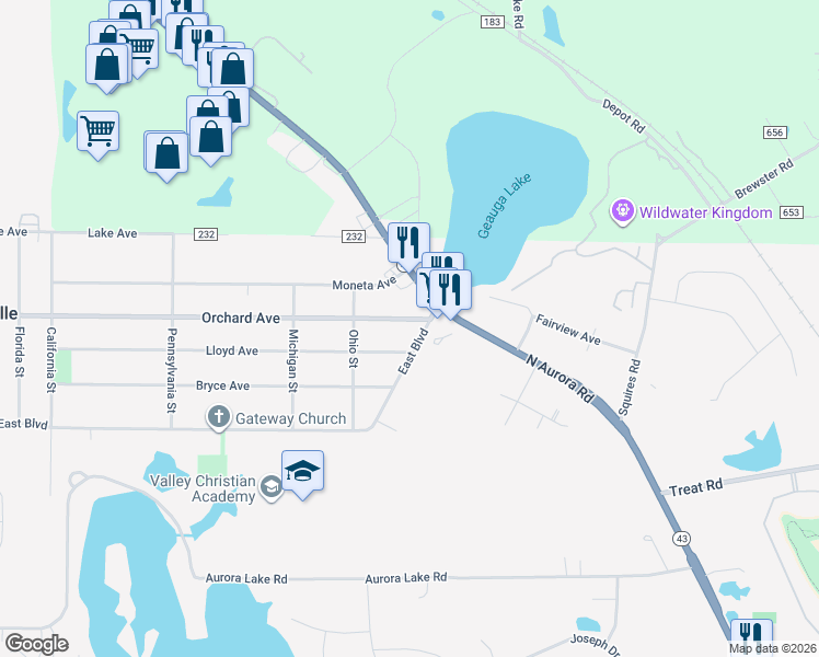 map of restaurants, bars, coffee shops, grocery stores, and more near 902 Orchard Avenue in Aurora