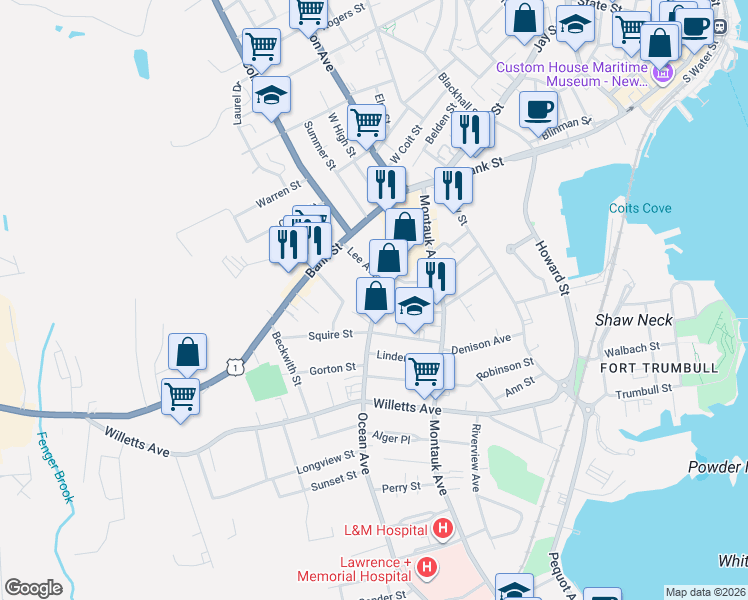 map of restaurants, bars, coffee shops, grocery stores, and more near 8 Lee Avenue in New London