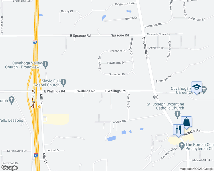 map of restaurants, bars, coffee shops, grocery stores, and more near 6631 East Wallings Road in Brecksville