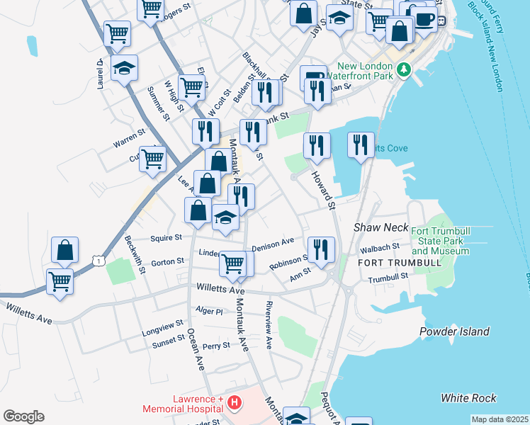 map of restaurants, bars, coffee shops, grocery stores, and more near 22 Moore Avenue in New London