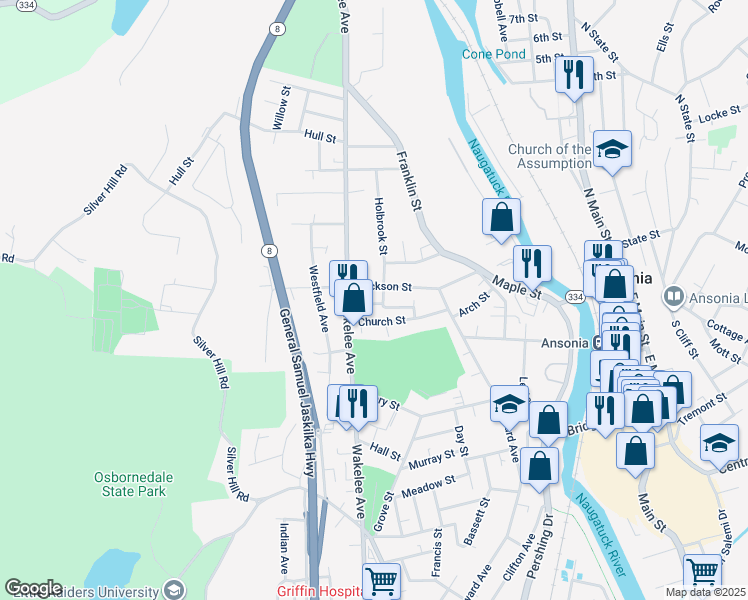 map of restaurants, bars, coffee shops, grocery stores, and more near 86 Jackson Street in Ansonia