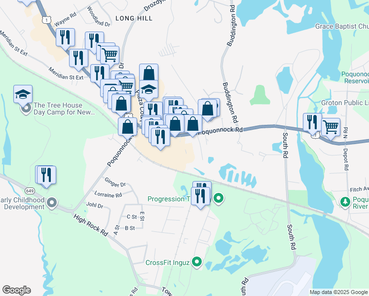 map of restaurants, bars, coffee shops, grocery stores, and more near 1023 Poquonnock Rd in Groton
