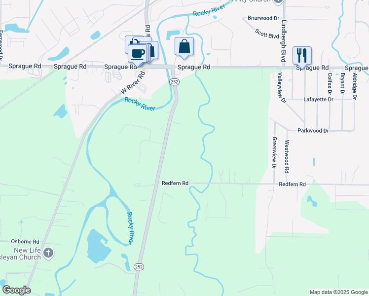 map of restaurants, bars, coffee shops, grocery stores, and more near 10309 East River Road in Columbia Station