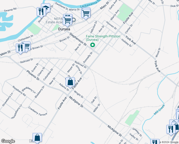 map of restaurants, bars, coffee shops, grocery stores, and more near 438 Foote Avenue in Duryea