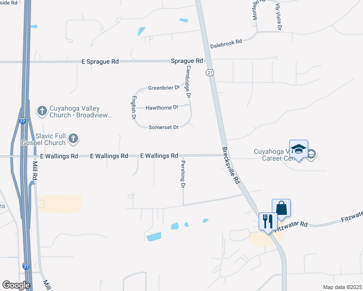 map of restaurants, bars, coffee shops, grocery stores, and more near 6814 Somerset Drive in Brecksville