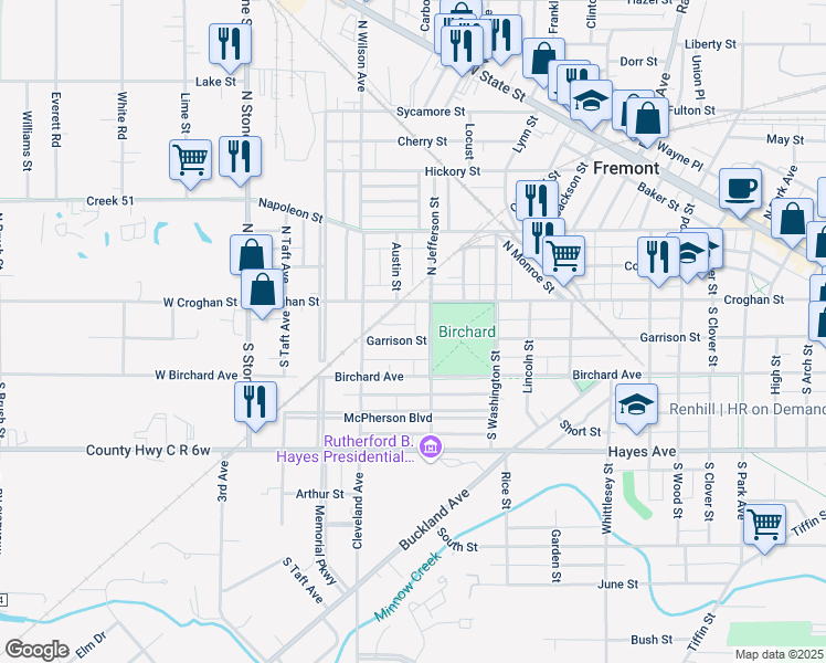 map of restaurants, bars, coffee shops, grocery stores, and more near 114 South Jefferson Street in Fremont