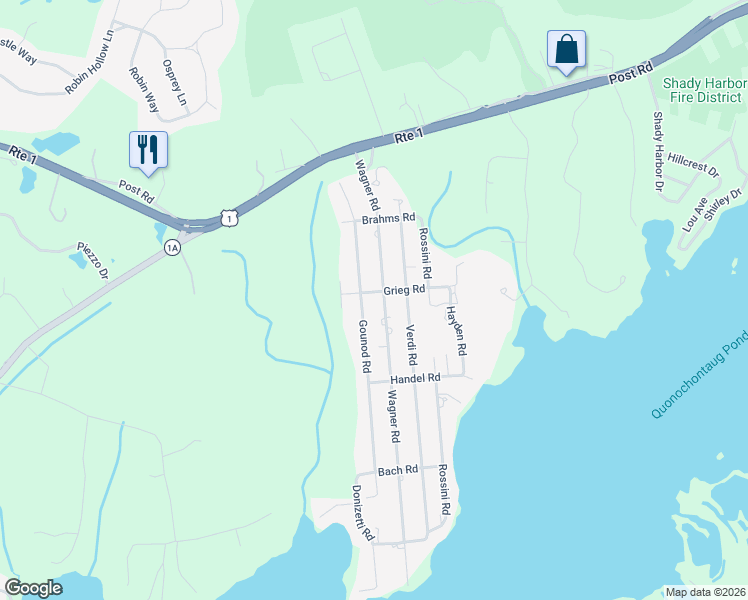 map of restaurants, bars, coffee shops, grocery stores, and more near 31 Wagner Road in Westerly