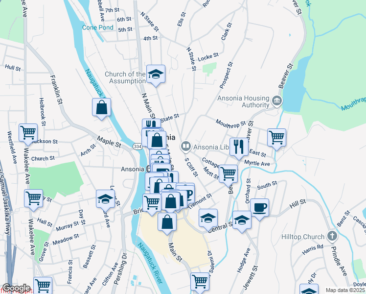 map of restaurants, bars, coffee shops, grocery stores, and more near Prospect Street & South Cliff Street in Ansonia