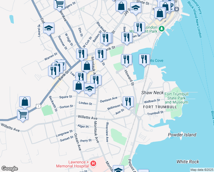 map of restaurants, bars, coffee shops, grocery stores, and more near 22 Moore Avenue in New London
