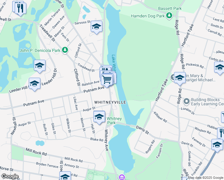map of restaurants, bars, coffee shops, grocery stores, and more near 1231 Whitney Avenue in Hamden
