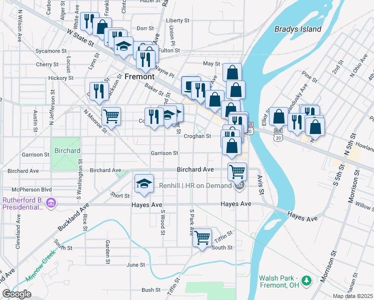 map of restaurants, bars, coffee shops, grocery stores, and more near 113 South Clover Street in Fremont