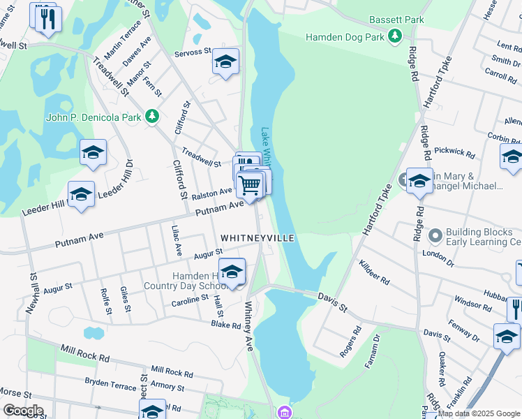 map of restaurants, bars, coffee shops, grocery stores, and more near 1231 Whitney Avenue in Hamden