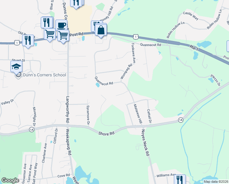 map of restaurants, bars, coffee shops, grocery stores, and more near 36 Quannacut Road in Westerly