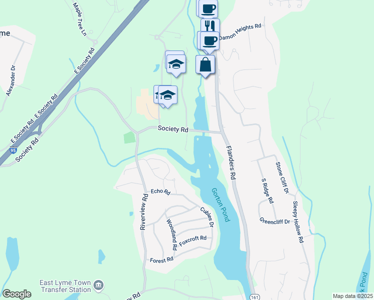map of restaurants, bars, coffee shops, grocery stores, and more near 18 Society Road in East Lyme