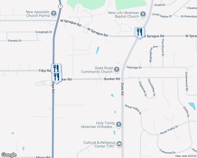 map of restaurants, bars, coffee shops, grocery stores, and more near 6030 Bunker Rd in North Royalton