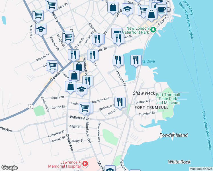 map of restaurants, bars, coffee shops, grocery stores, and more near 2 Shaws Cove in New London
