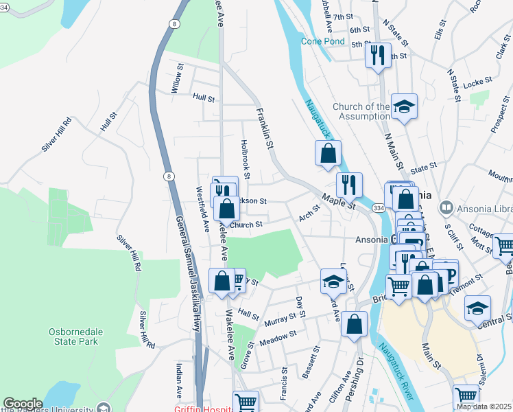 map of restaurants, bars, coffee shops, grocery stores, and more near 86 Jackson Street in Ansonia