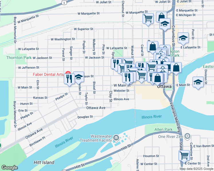 map of restaurants, bars, coffee shops, grocery stores, and more near 706 West Main Street in Ottawa