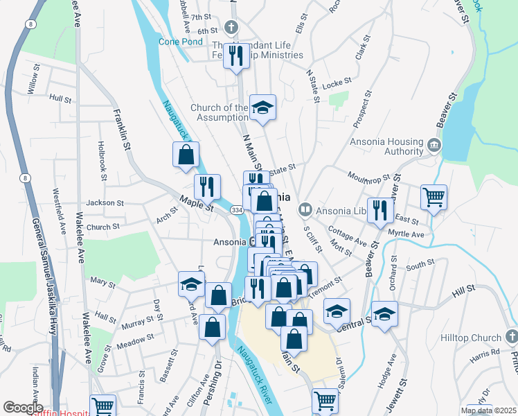 map of restaurants, bars, coffee shops, grocery stores, and more near 44 Main Street in Ansonia