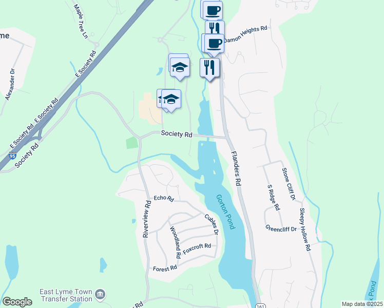 map of restaurants, bars, coffee shops, grocery stores, and more near 18 Society Road in East Lyme