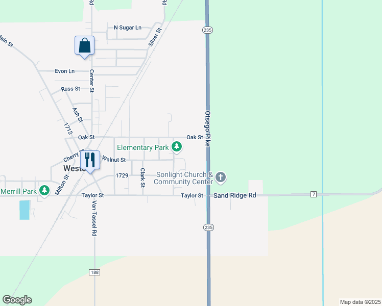 map of restaurants, bars, coffee shops, grocery stores, and more near 13180 Broadway Street in Weston