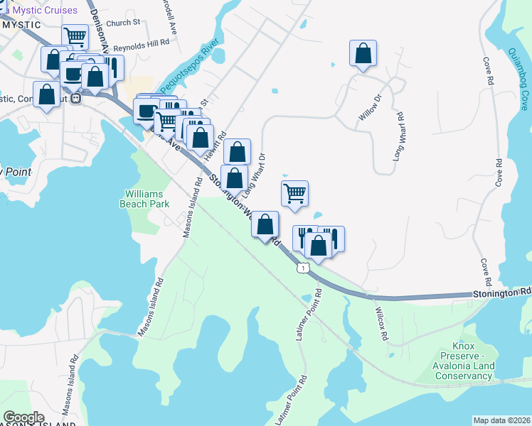 map of restaurants, bars, coffee shops, grocery stores, and more near 47 Stonington-Westerly Road in Stonington