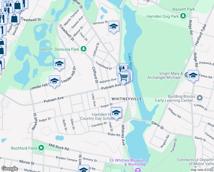 map of restaurants, bars, coffee shops, grocery stores, and more near 79 Putnam Avenue in Hamden