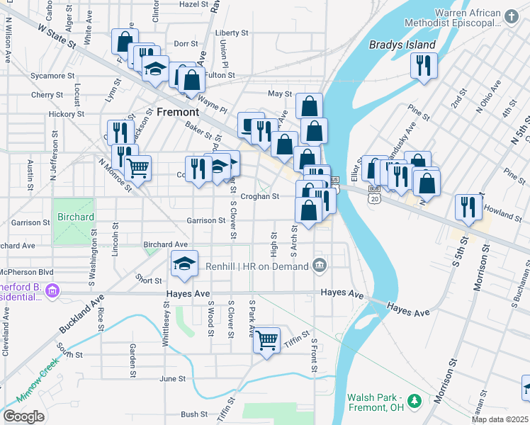 map of restaurants, bars, coffee shops, grocery stores, and more near 501 Croghan Street in Fremont
