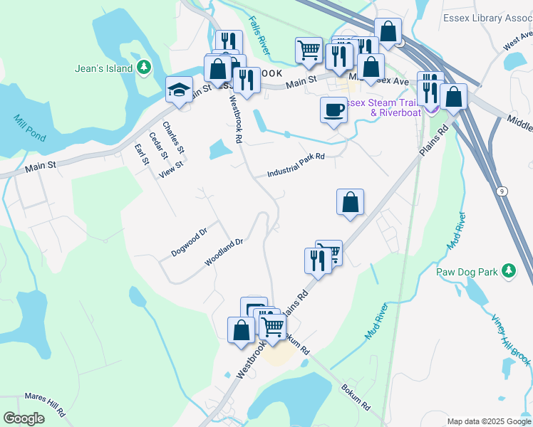 map of restaurants, bars, coffee shops, grocery stores, and more near 9 Woodland Dr in Essex