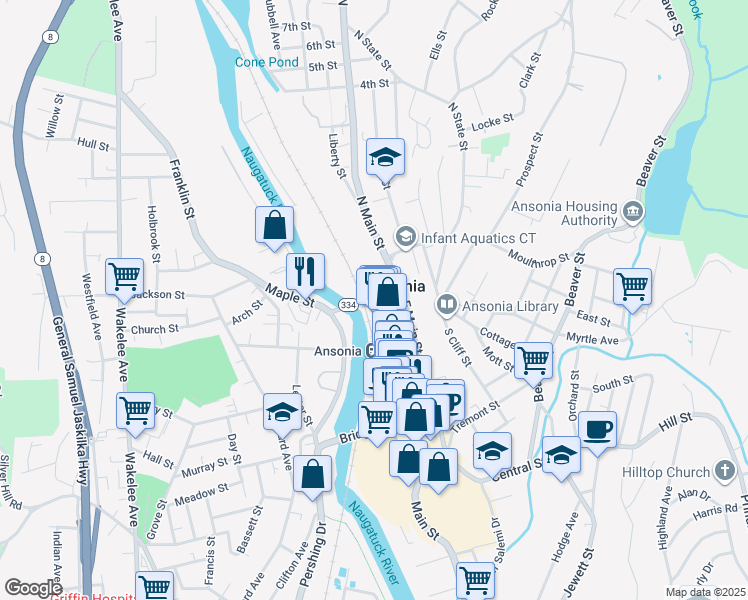 map of restaurants, bars, coffee shops, grocery stores, and more near 36 Main Street in Ansonia
